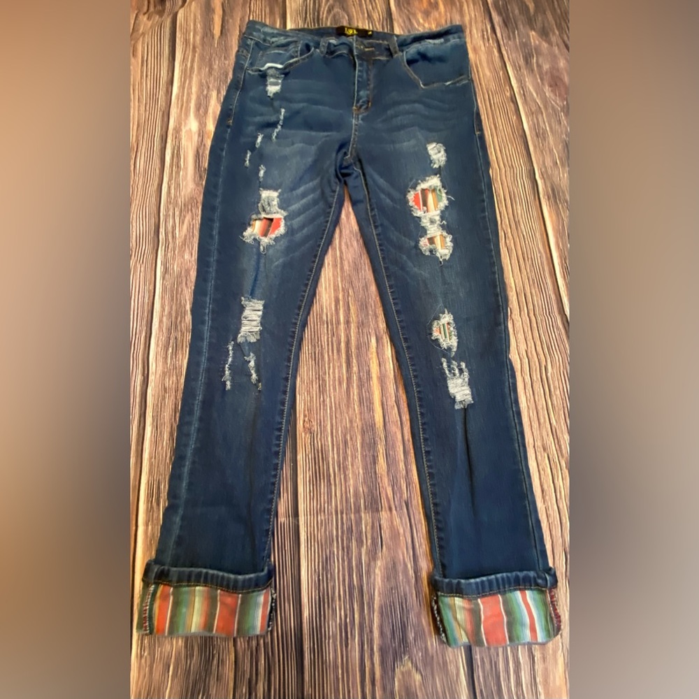 L&B Midrise Skinny Size 14 Distressed Serape Southwestern Patched Cuffed Jeans